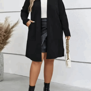 GIBSIE Plus Size Autumn New Women's Crew Neck Long Coat Black Long Sleeve Open Front Office Female Casual Jackets with Pockets - Image 3