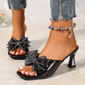 Crystal Bow Pop-up Slippers Summer New Square Toe Open Toe Anti-slip Wear-resistant Stiletto Wear-out Heels - Image 4