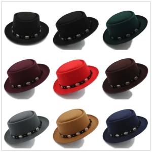 Women Men Pork Pie Hat Dad Wool Flat Fedora Hat For Lady Gentleman Gambler Boater Trilby Hat Hat Size 58CM - Image 4