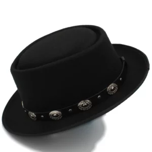 Women Men Pork Pie Hat Dad Wool Flat Fedora Hat For Lady Gentleman Gambler Boater Trilby Hat Hat Size 58CM - Image 1