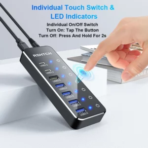 RSHTECH USB 3.2 Hub USB C Splitter Powered 10Gbps Data Hub with Individual Touch On/Off Switches USB Extension for MacBook Mac - Image 4