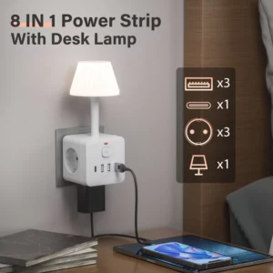 7-in-1 Euro power outlet with light, surge protector for power outlet, 3 AC power outlets, 3 USB 1 Type-C, desktop charging stat - Image 4