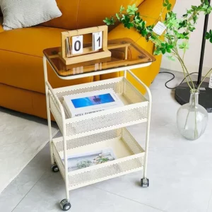 Metal Snack Storage Cart Mobile Sofa Side Table with Wheels Compact Living Room Storage Holder Bedside Glass Coffee Table - Image 4