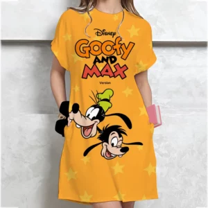 Summer Loose Disney Goofy Printed T-shirt Dress Women's Clothing Student Medium Short Sleeve Dress Cartoon Style Polyester Fabri - Image 1