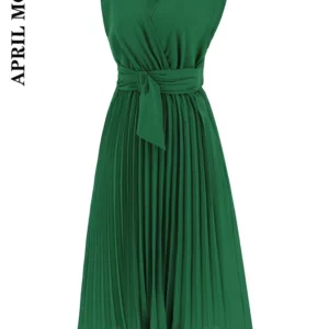 Sleeveless Women Pleated Party Dress Solid Green Blue Black Elegent A-Line Dress Female Loose Mid-Calf Skirt Swing Evening Dress - Image 2