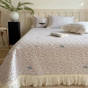 3/5Pcs Rose Floral Print Lace Ruffles Quilted Bedspread, Bed Cover, Mattress Topper Coverlet, Bed Sheet, With Pillowcases - Image 3