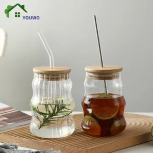 1/2pcs 500ml Glass Tumblers Cups With Straw Mason Jar Clear Juice Coffee Milk Cup With Bamboo Lids Drinkware Stripe Beer Mug - Image 2