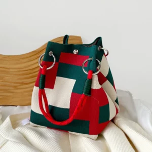 1pc red and green colour blocking vintage knitted tote bag, women's portable foldable double carry handle small square bag with - Image 1
