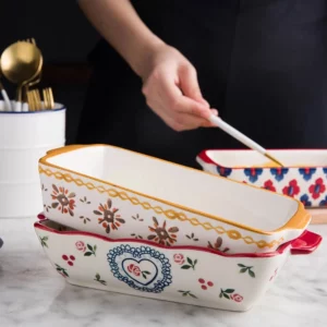 Flowers Rectangular Oval Bakeware Pan With Handle Ceramic Baking Dish Roasting Lasagna Pan Kitchen Salad Cheese Baked Pan - Image 4