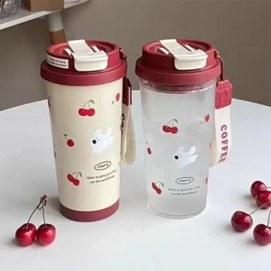 Cute Cartoon Water Cup Double Drinking Water Bottle 550ml Leak-proof Large Capacity Plastic Cups Carrying Rope Coffee Cup - Image 2