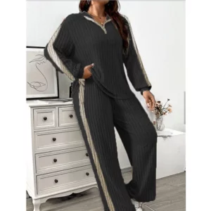 Women Loose Knit Sweater Suit Stripe Color V Neck Pullover Wide Leg Pants Suit Autumn Winter 2 Pieces Set Homewear 2024 - Image 6