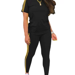 2025 Women's Summer Two-Piece Set Sportswear Short Sleeve Trousers Color Block Soft Fashion Basic Versatile Outfit - Image 3