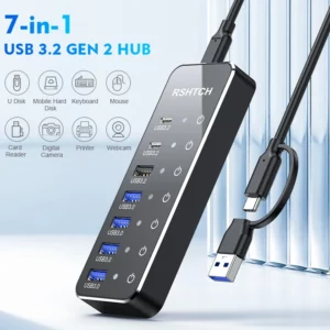 RSHTECH USB 3.2 Hub USB C Splitter Powered 10Gbps Data Hub with Individual Touch On/Off Switches USB Extension for MacBook Mac - Image 2