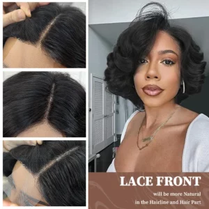 Short Big Curly Wigs for Black Women 5X1 Side Part Lace Bouncy Curl Human Hair Wig 180% Density Short Loose Wave Wigs With Bangs - Image 2