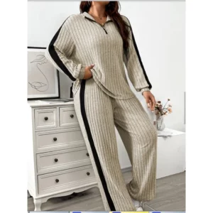Women Loose Knit Sweater Suit Stripe Color V Neck Pullover Wide Leg Pants Suit Autumn Winter 2 Pieces Set Homewear 2024 - Image 4