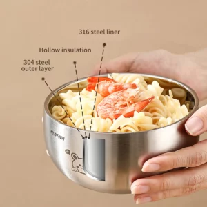 WORTHBUY 316 Stainless Steel Rice Soup Bowls with Lid Children Tableware Anti-Scald Double Layer Food Containers For Kid 380ML - Image 3