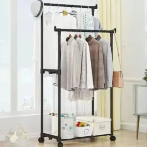 Movable Double Rod Clothes Rack Heavy Duty Coat Shelf with Wheels Bedroom Floor Hangers Organizer Home Shoe Hat Storage Racks - Image 3