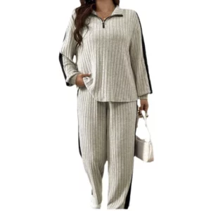 Women Loose Knit Sweater Suit Stripe Color V Neck Pullover Wide Leg Pants Suit Autumn Winter 2 Pieces Set Homewear 2024 - Image 2