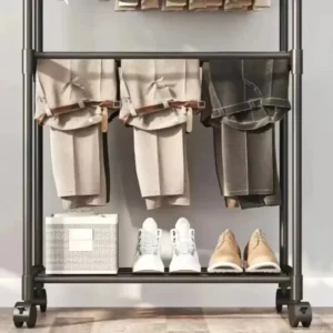 Movable Double Rod Clothes Rack Heavy Duty Coat Shelf with Wheels Bedroom Floor Hangers Organizer Home Shoe Hat Storage Racks - Image 4
