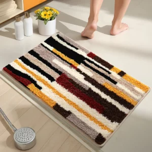 Geometric Bath Mat | Super Soft Microfiber Plush Rug | Quick Drying & High Absorbency | Abstract Striped Modern Bathroom Carpet - Image 5