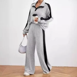 Women Loose Knit Sweater Suit Stripe Color V Neck Pullover Wide Leg Pants Suit Autumn Winter 2 Pieces Set Homewear 2024 - Image 5