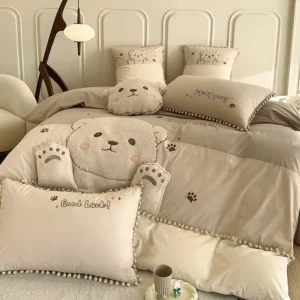 Cute Cartoon Bear Applique Embroidery 100% Cotton Child Bedding Set Single Quilt Cover Bed Comforter Cover Bed Sheet Pillowcases - Image 3