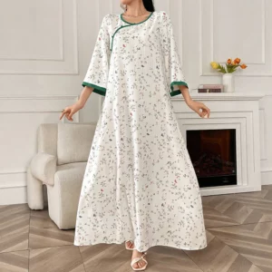 Rafiah Women's Summer Arabian Long Dress 2025 Comfortable Round-Neck Long Sleeve Floral Print Midi A-Line Evening Party Dresses - Image 1