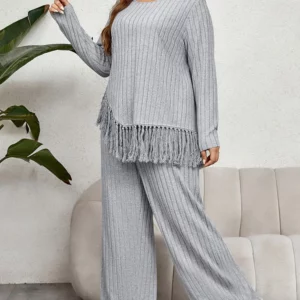 GIBSIE Plus Size Women Home Style Two Piece Outfit Fall Casual O-Neck Long Sleeve Tassel Hem Tops with Wide Leg Pants Sets - Image 3
