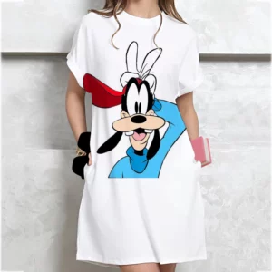 Summer Loose Disney Goofy Printed T-shirt Dress Women's Clothing Student Medium Short Sleeve Dress Cartoon Style Polyester Fabri - Image 2