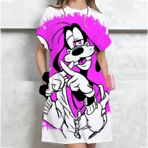Summer Loose Disney Goofy Printed T-shirt Dress Women's Clothing Student Medium Short Sleeve Dress Cartoon Style Polyester Fabri - Image 4