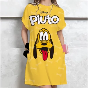 Summer Loose Disney Goofy Printed T-shirt Dress Women's Clothing Student Medium Short Sleeve Dress Cartoon Style Polyester Fabri - Image 3
