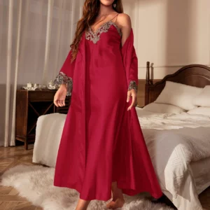 Contrast Lace Pajama Set Long Sleeve Robe With Belt V Neck Slip Dress Women's Sleepwear Loungewear - Image 3