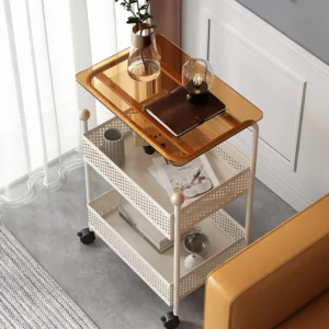 Metal Snack Storage Cart Mobile Sofa Side Table with Wheels Compact Living Room Storage Holder Bedside Glass Coffee Table - Image 2