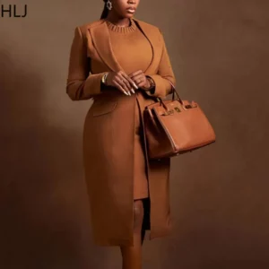 HLJ High Quality Elegant Office Lady Blazer Two Piece Sets Women Lapel Long Sleeve Coat And Slim Dress Outfit Female Clothing - Image 3