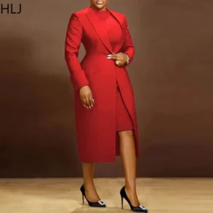 HLJ High Quality Elegant Office Lady Blazer Two Piece Sets Women Lapel Long Sleeve Coat And Slim Dress Outfit Female Clothing - Image 4