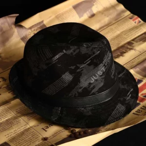 New Male Perform High Quality Genuine Leather Print Jazz Fedora Gentleman Sheepskin Short Brim Top Hat Shows Topper - Image 1