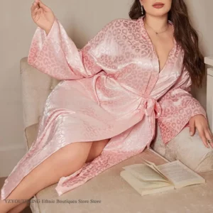 PLUS SIZE 5XL Female Long Robe Lingerie SEXY Leopard Kimono Bathrobe Gown Loose Casual Loungewear Home Dress Women's Sleepwear - Image 2