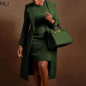 HLJ High Quality Elegant Office Lady Blazer Two Piece Sets Women Lapel Long Sleeve Coat And Slim Dress Outfit Female Clothing - Image 2