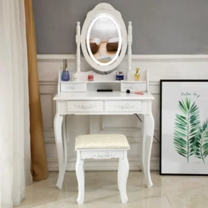 4 Drawer Makeup Dressing Table Vanity Set with LED Mirror and Stool Dresser Desk United States - Image 4