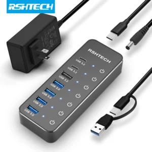 RSHTECH USB 3.2 Hub USB C Splitter Powered 10Gbps Data Hub with Individual Touch On/Off Switches USB Extension for MacBook Mac - Image 1