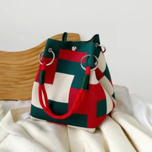 1pc red and green colour blocking vintage knitted tote bag, women's portable foldable double carry handle small square bag with - Image 2