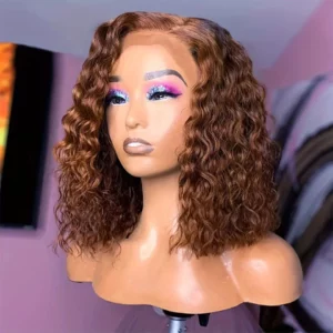 13X4 Chocolate Brown Curly Lace Front Wigs Human Hair Short Curly Deep Wave Bob Wigs Pre Plucked Water Wave #4 Colored Bob Wigs - Image 2