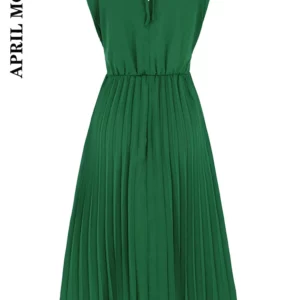 Sleeveless Women Pleated Party Dress Solid Green Blue Black Elegent A-Line Dress Female Loose Mid-Calf Skirt Swing Evening Dress - Image 3