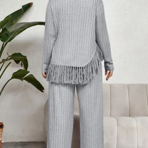 GIBSIE Plus Size Women Home Style Two Piece Outfit Fall Casual O-Neck Long Sleeve Tassel Hem Tops with Wide Leg Pants Sets - Image 2