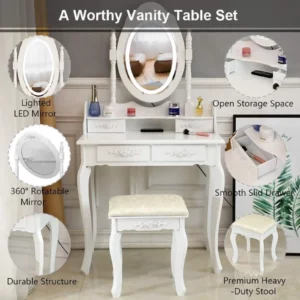 4 Drawer Makeup Dressing Table Vanity Set with LED Mirror and Stool Dresser Desk United States - Image 2