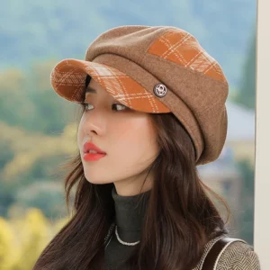 2021 New Cap Visors for Women Woolen Plaid Vintage Spring Autumn Navy Caps Flat Top Classic Beret British Newsboy Octagonal Hat - Image 4