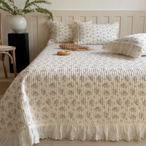 3/5Pcs Rose Floral Print Lace Ruffles Quilted Bedspread, Bed Cover, Mattress Topper Coverlet, Bed Sheet, With Pillowcases - Image 4