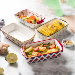 Flowers Rectangular Oval Bakeware Pan With Handle Ceramic Baking Dish Roasting Lasagna Pan Kitchen Salad Cheese Baked Pan - Image 5