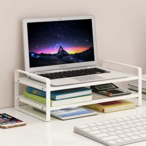Laptop Stand Cooling 2-Layer Metal Hollow Out Storage Rack Office Desk white Storage Dormitory Desktop monitor stand - Image 1