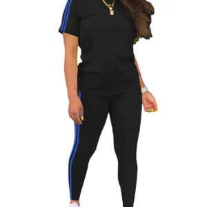 2025 Women's Summer Two-Piece Set Sportswear Short Sleeve Trousers Color Block Soft Fashion Basic Versatile Outfit - Image 4